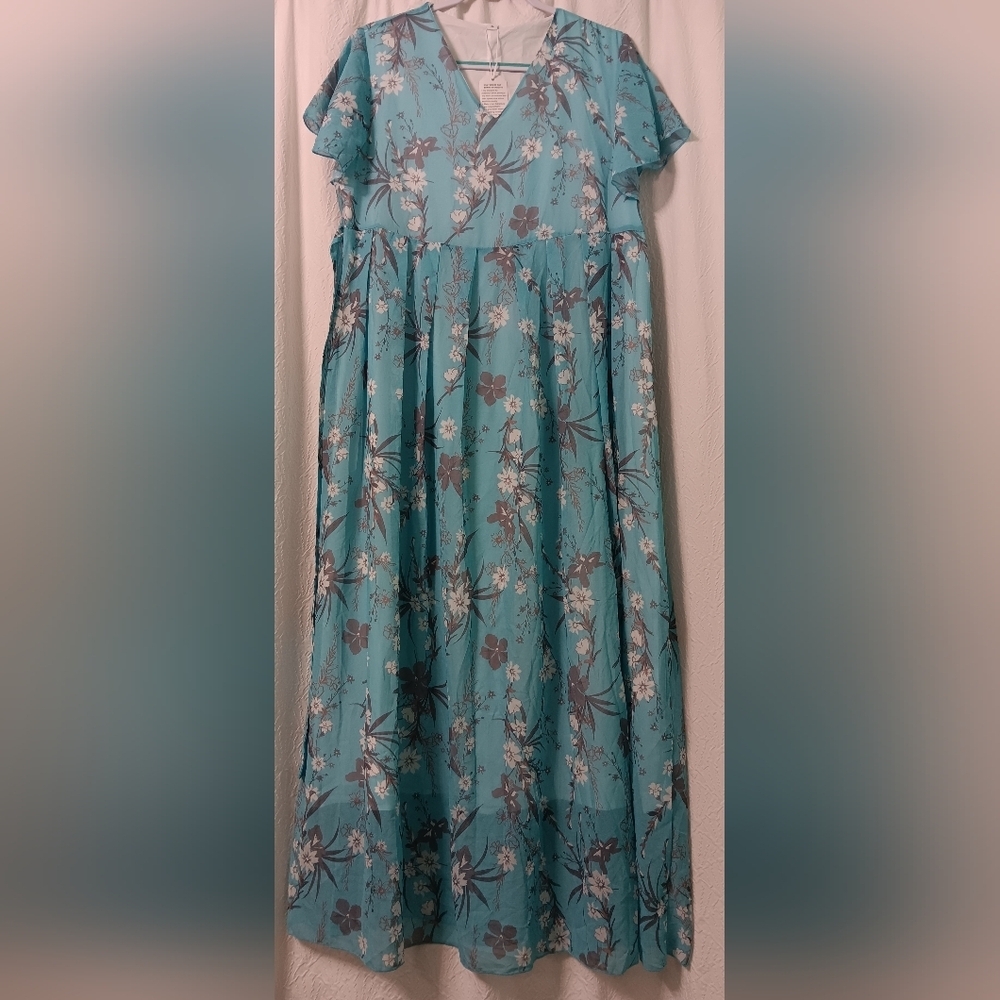 New Blue Maxi Dress Floral Print Short Flutter Sleeves V Neck Empire Waist Sz XL
